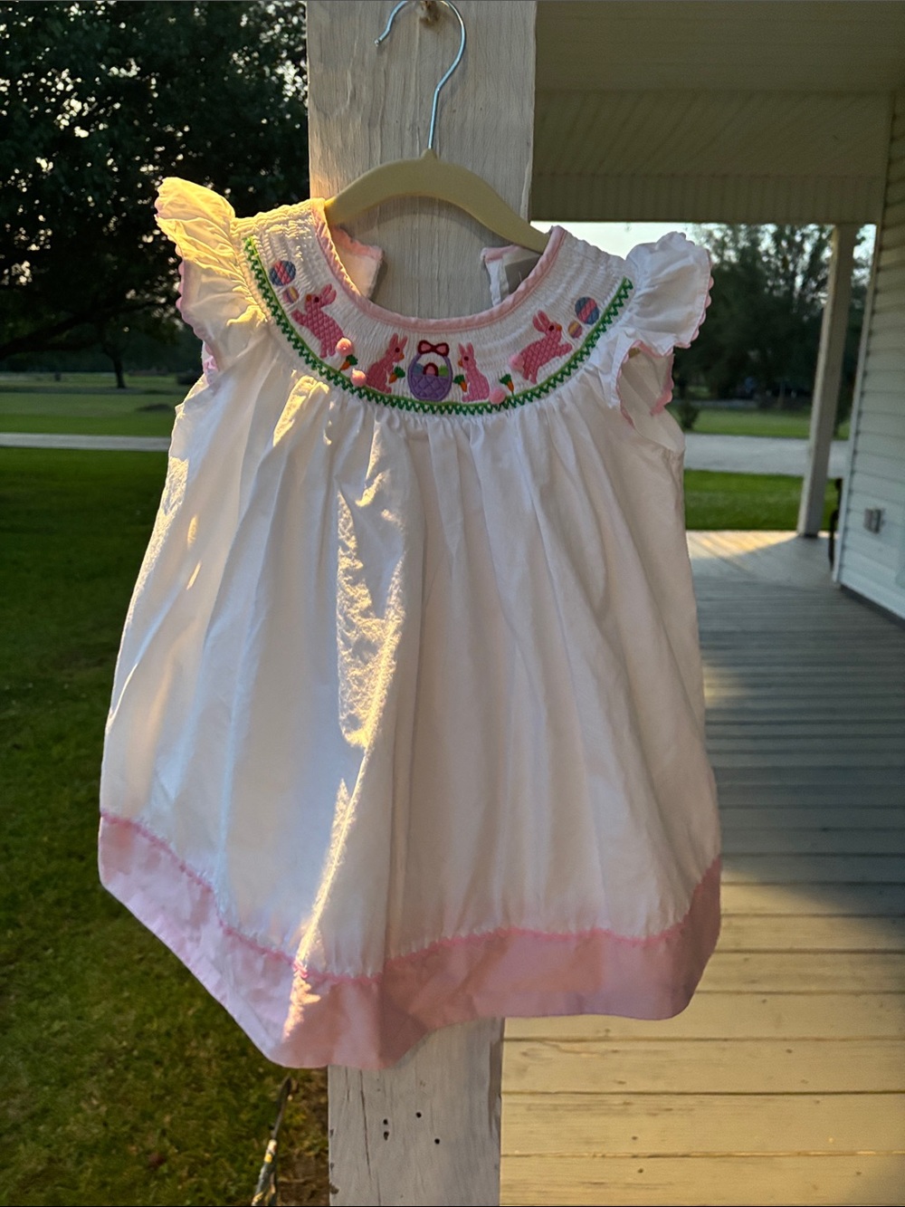 Pink & White Smocked Easter Bunny Dress for Girls